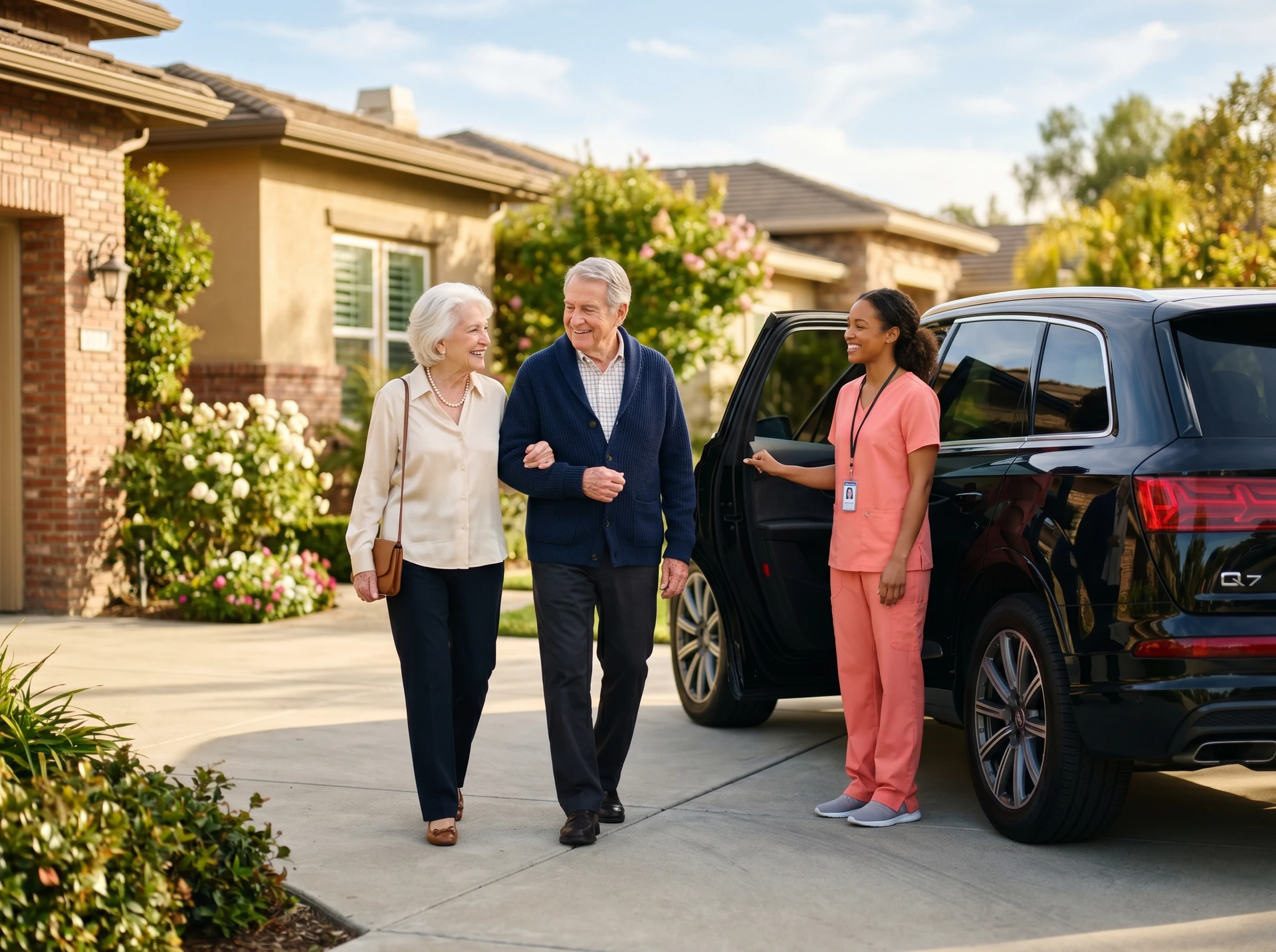 Long distance ambulatory transport with elderly couple and caregiver