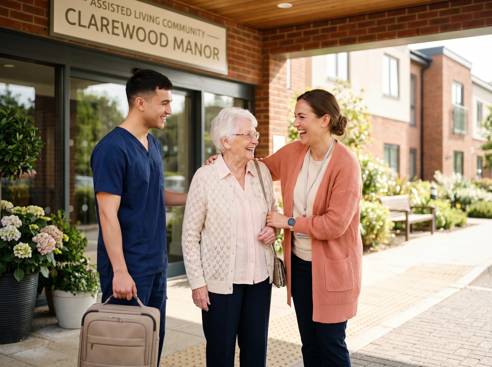 Assisted living facility transfer with warm welcome at entrance