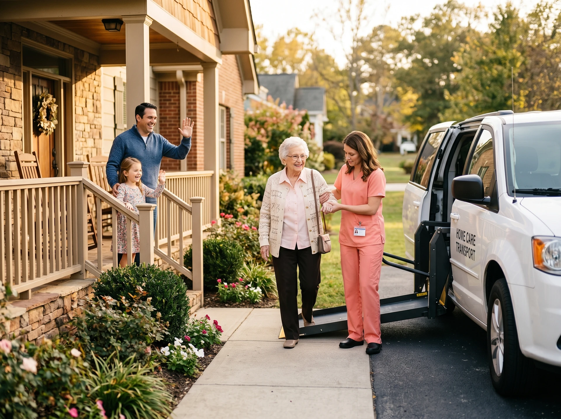 Hospital to home medical transportation with family welcoming loved one