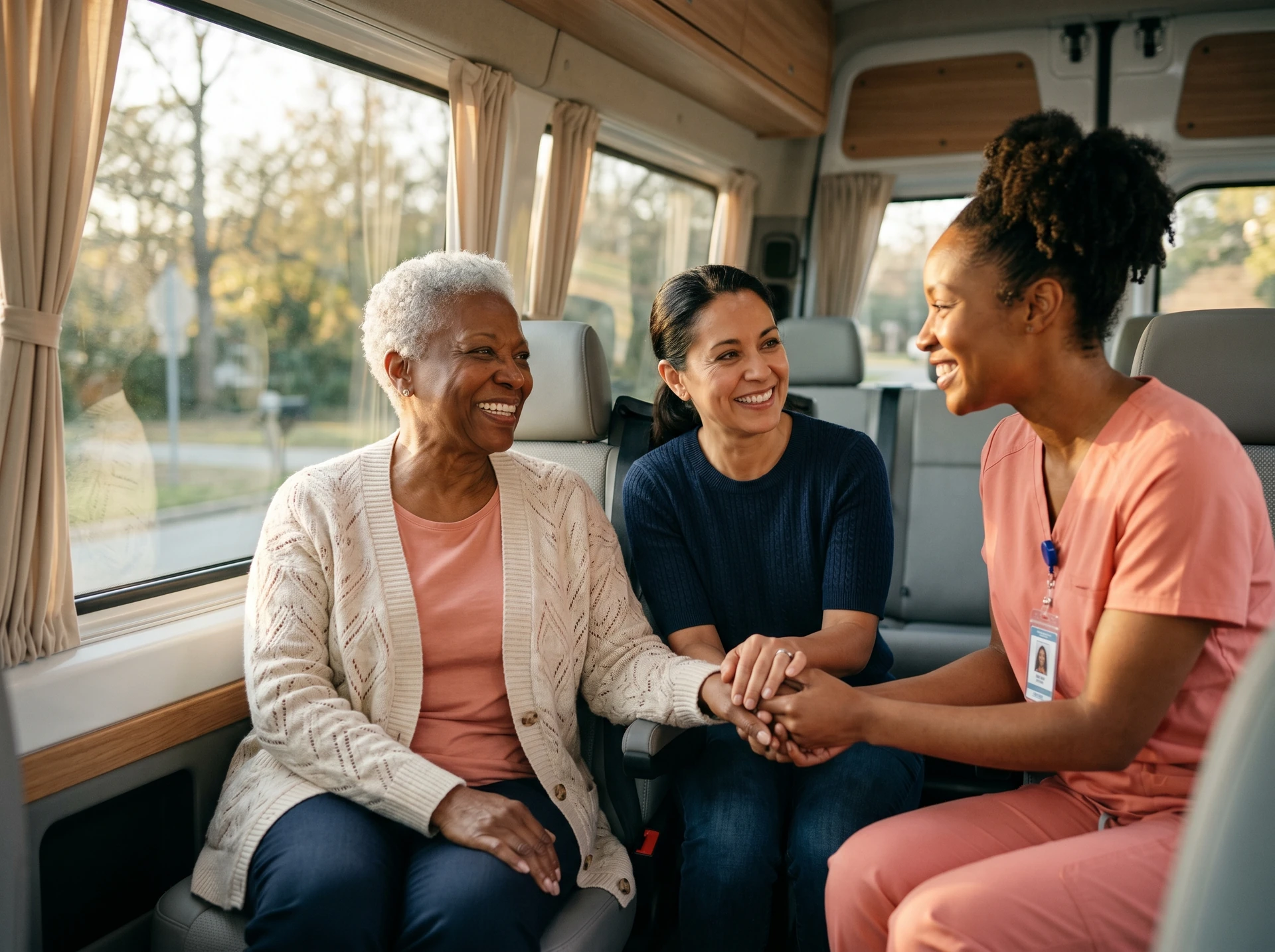 Long distance medical transportation with smiling elderly passenger and caregiver
