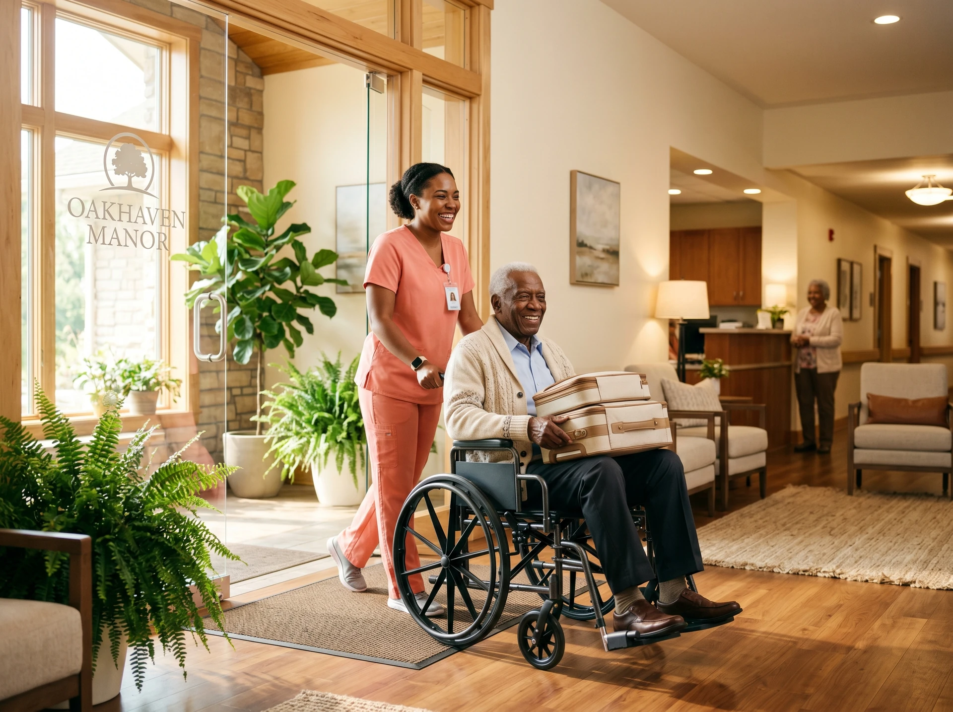 Nursing home relocation transport with caregiver assisting senior