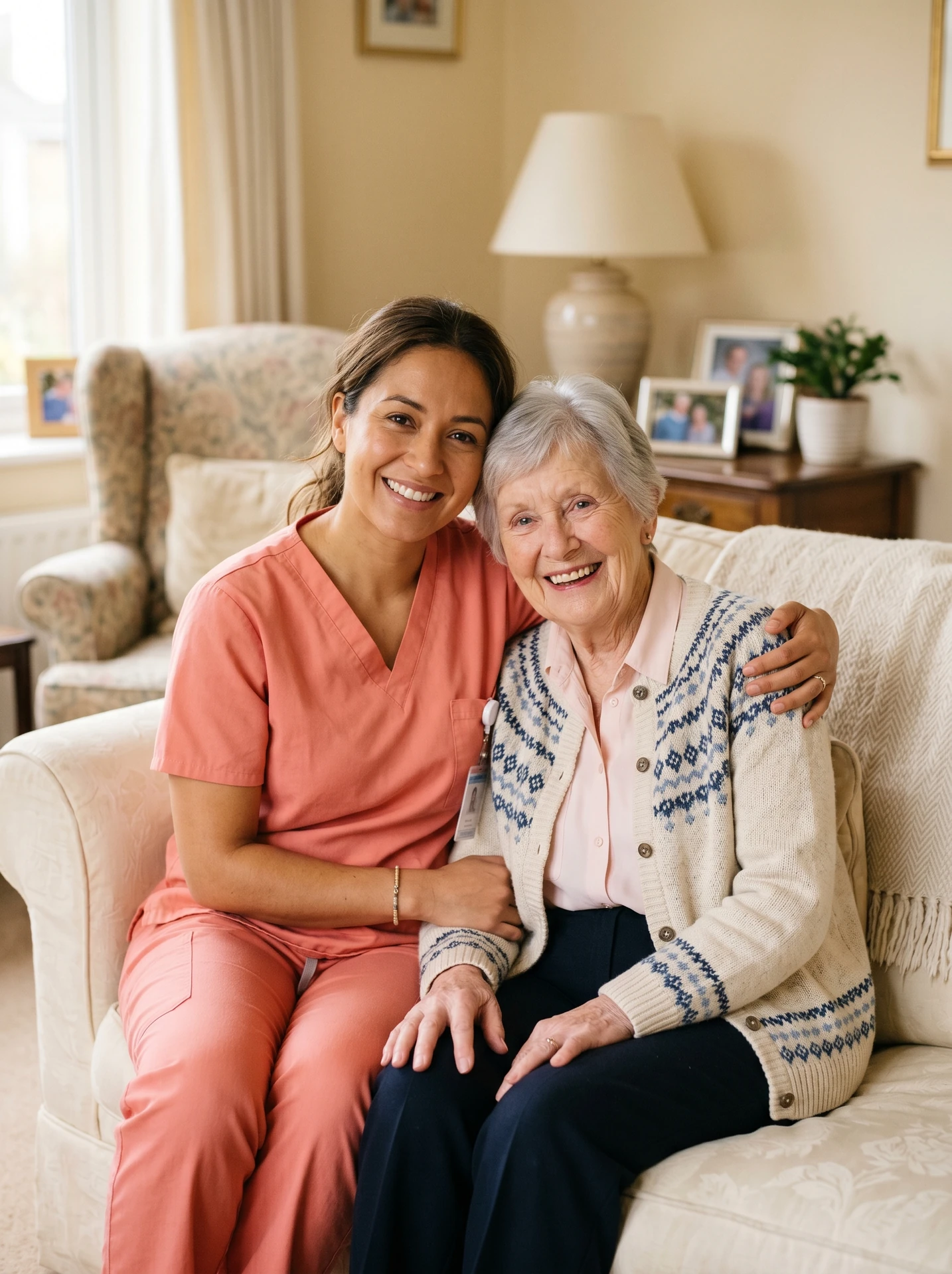 Smiling caregiver with elderly patient showing trust and connection